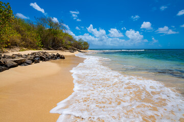 Anse Meunier is a small, secluded sandy beach on the tropical dream island Martinique (France) in the Caribbean. Idyllic landscape with turquoise water, blue sky, waves, rocks and typical vegetation
