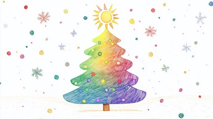A colorful, whimsical Christmas tree with a sun above, surrounded by snowflakes and holiday decorations, creating a cheerful festive atmosphere.