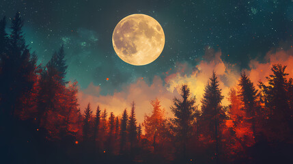 Fototapeta premium Majestic full moon above an autumn forest landscape, with vibrant colors, creating an ethereal atmosphere under the night sky. Etherean. Illustration