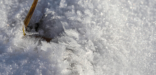 Amazing ice crystal in the form of flowers and fern leaves on a snow background. Real macro of...