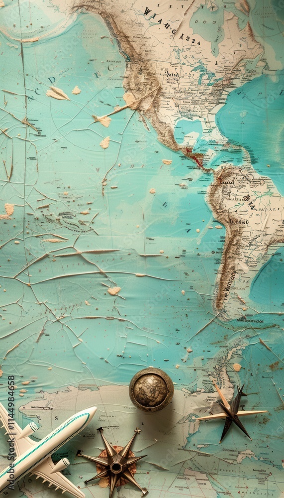 Poster travel photographs collage on a world map backdrop with empty space for personal notes and memories.
