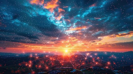 Fototapeta premium Breathtaking celestial sunset over a majestic landscape with a glowing vibrant sky filled with twinkling stars and dramatic clouds