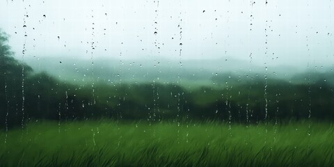Rainy Day View with Raindrops on Glass and Lush Green Landscape