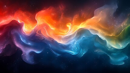 Abstract cosmic nebula with swirling red, orange, and blue colors.