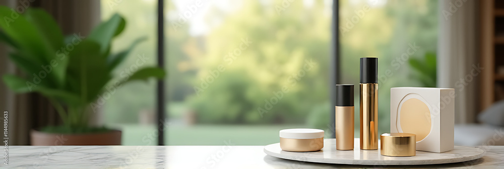Poster Elegant product display features a marble top on a blurred background of a large window and lush garden._00002_