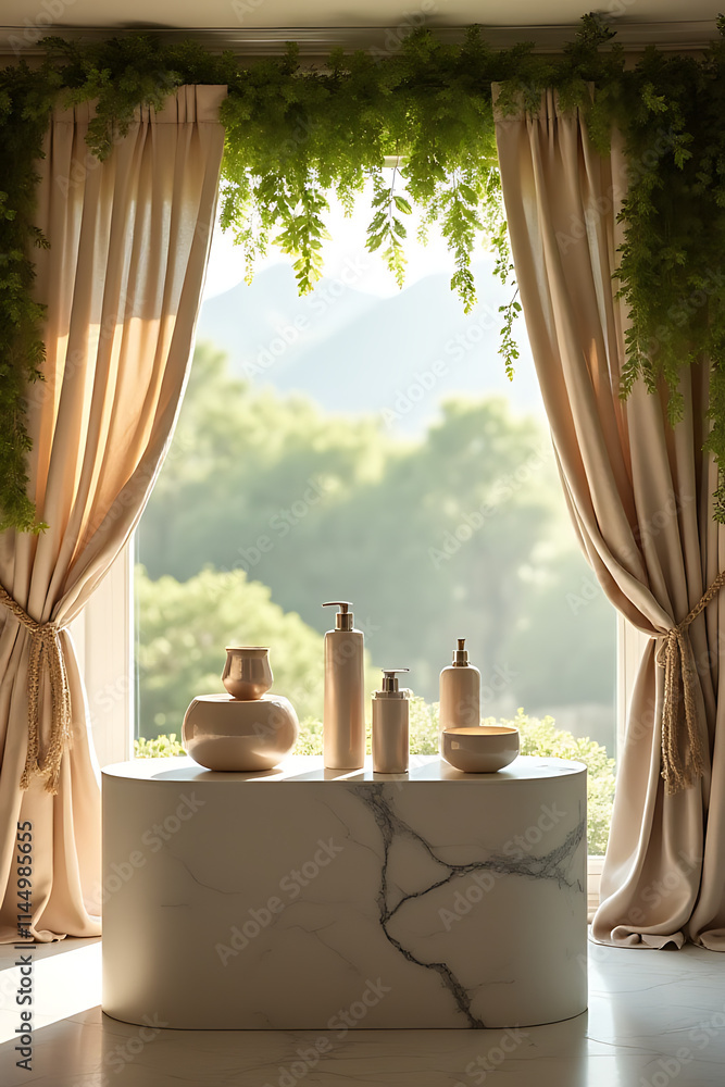Poster elegant product display features a marble top with curtains and vines against a serene morning garde