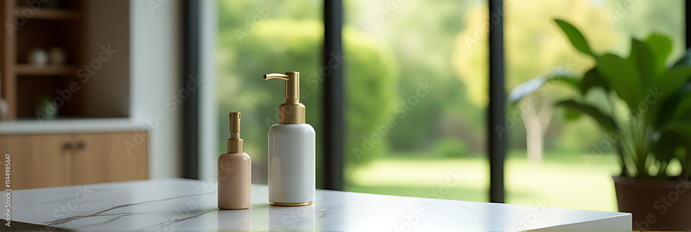 Poster Elegant product display features a marble top on a blurred background of a large window and lush garden._00001_