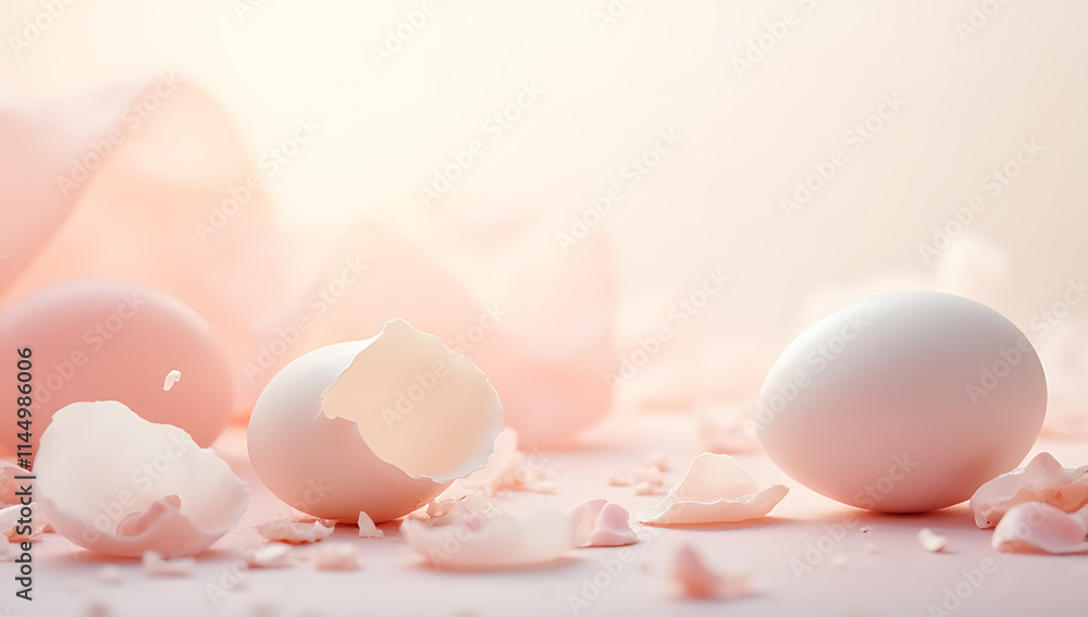 Poster Eggshell fragments scatter across delicate pastel hues creating a soft and whimsical atmosphere in each image displayed._00001_