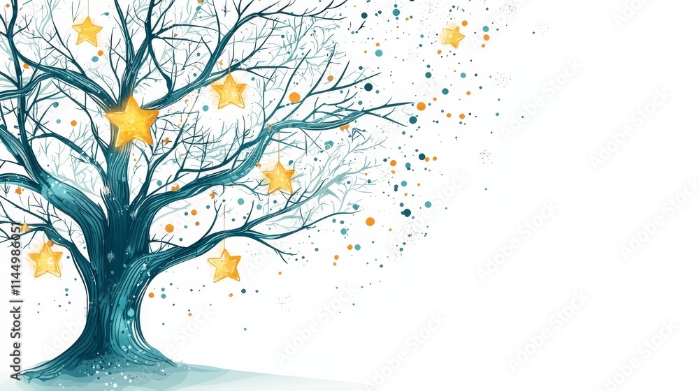 Poster a whimsical tree adorned with golden stars, surrounded by colorful splashes, creating a magical and 