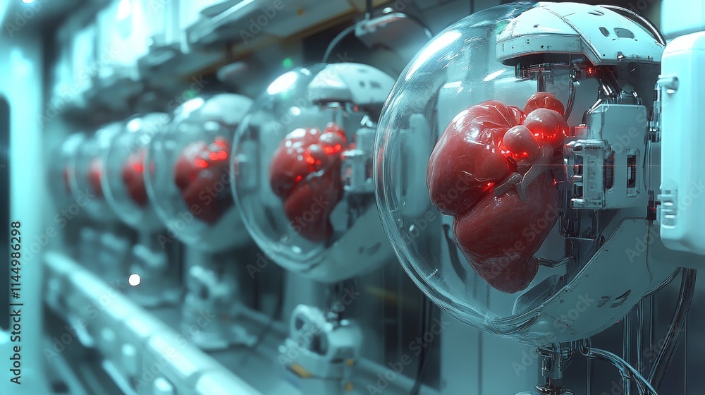 Poster robotic system with organs in transparent containers engaged in advanced medical procedures