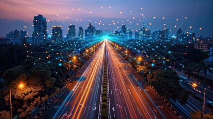 Fototapeta premium A cityscape at dusk with illuminated traffic and digital network connections.