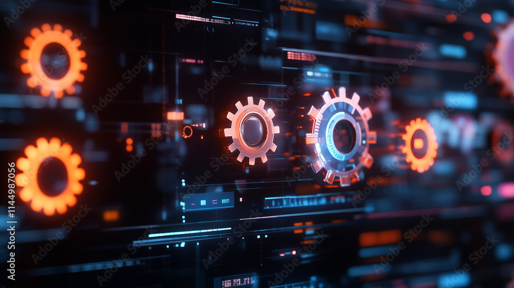 Poster digital gears and circuits represent advanced technology in a sleek, modern interface showcasing inn