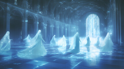 Celestial beings of prismatic light and shadow engaged in an ethereal dance within the shimmering corridors of a crystalline citadel floating among the stars. Etherean. Illustration