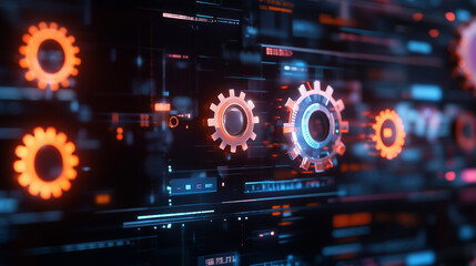 Obraz premium Digital gears and circuits represent advanced technology in a sleek, modern interface showcasing innovation and automation