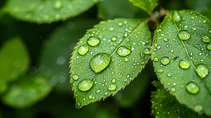 Close up of green leaves with dewdrops in misty woodland environment