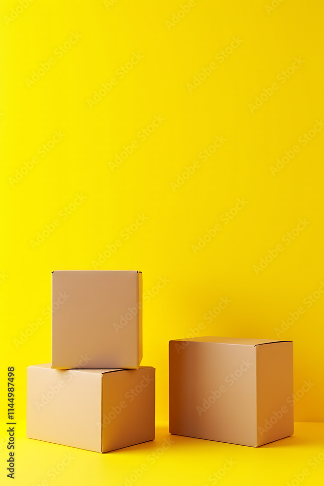 Poster ecommerce business concepts feature a group of products in boxes on a bright yellow colored backgrou