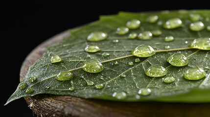 Dew covered leaf on wooden surface with detailed texture and vibrant green color