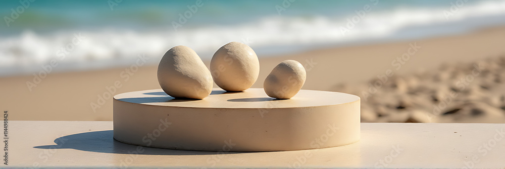 Poster display of sandstone products on a podium stand against a sandy beach background for selective focus