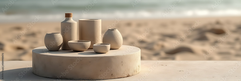 Aufkleber display of sandstone products on a podium stand against a sandy beach background for selective focus