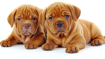 Two adorable puppies rest together, showing playful curiosity in their cozy space