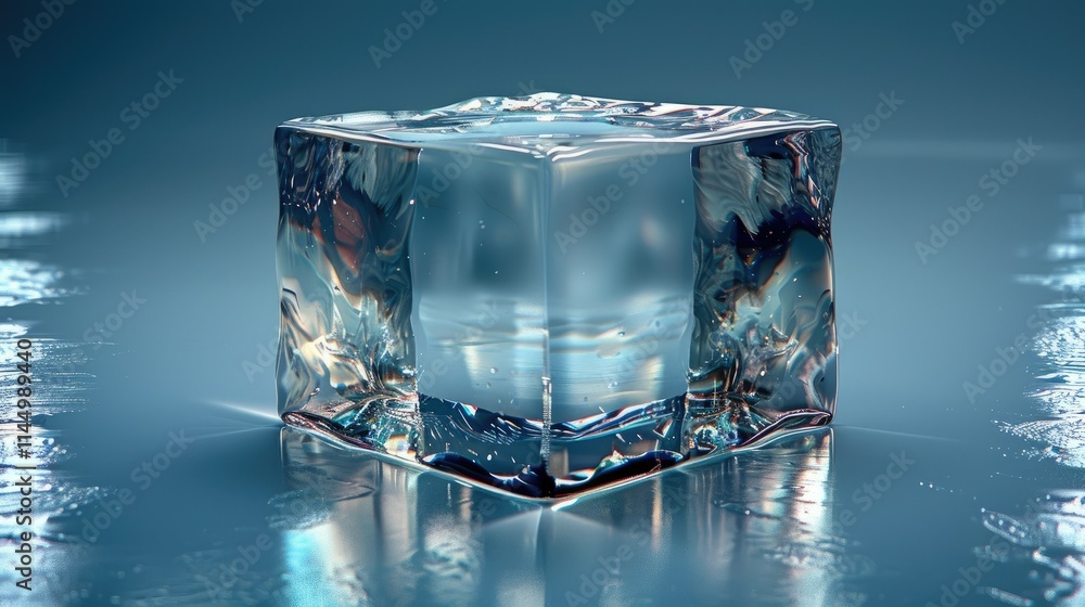 Poster a clear ice cube resting on a reflective surface, showcasing its transparency and texture.