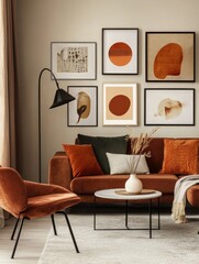 Warm and stylish living room featuring an orange sofa, cushions, abstract wall art, and harmonious design elements. Ideal for interior decor themes emphasizing comfort and contemporary aesthetics.