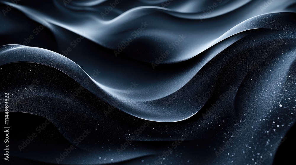 Poster dark blue wavy surface with glitter reflecting light creating abstract shapes
