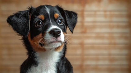 A playful black and brown puppy looks inquisitively indoors, surrounded by warm tones