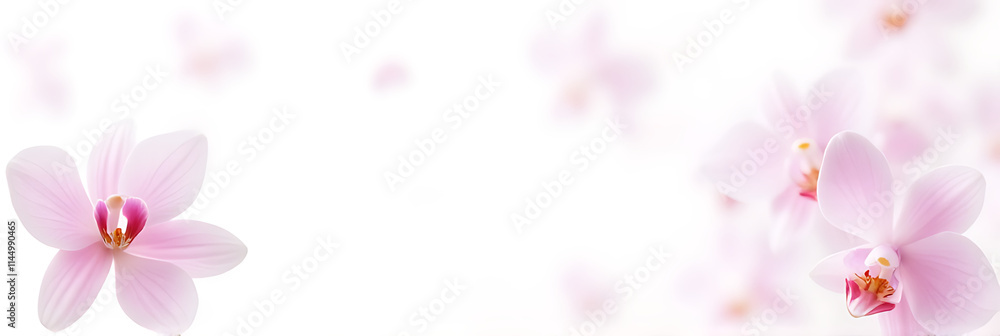 Poster delicate orchid petals against a clean white background provide ample space for text to be inserted 