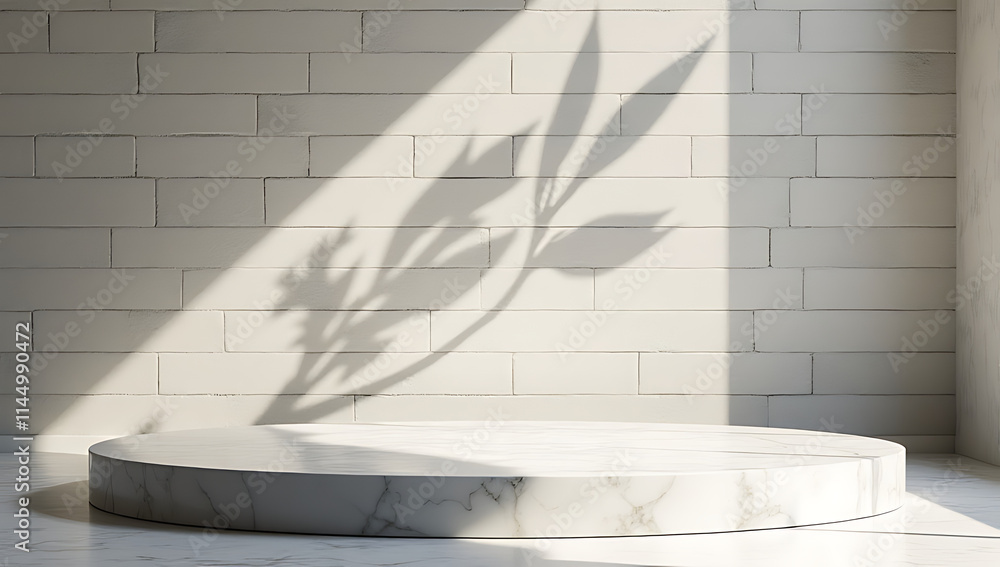 Aufkleber Design features a marble countertop or product display platform with a shadow tree on a brick wall background._00001_