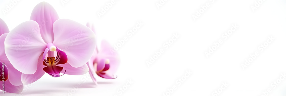 Poster delicate orchid petals against a clean white background provide ample space for text to be inserted 