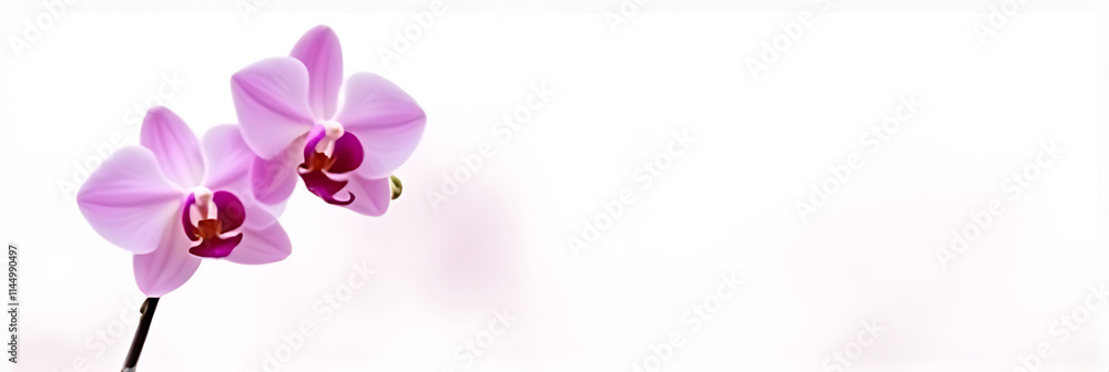 Poster delicate orchid petals against a clean white background provide ample space for text to be inserted 