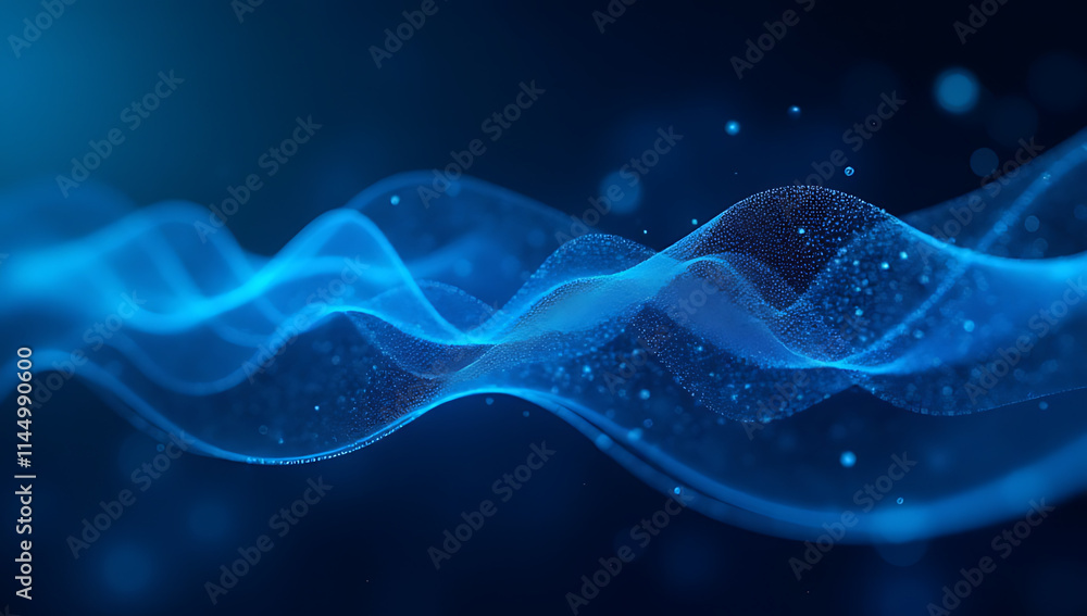 Poster data wave flow through a network of abstract lines in blue, creating a futuristic wallpaper in cyber