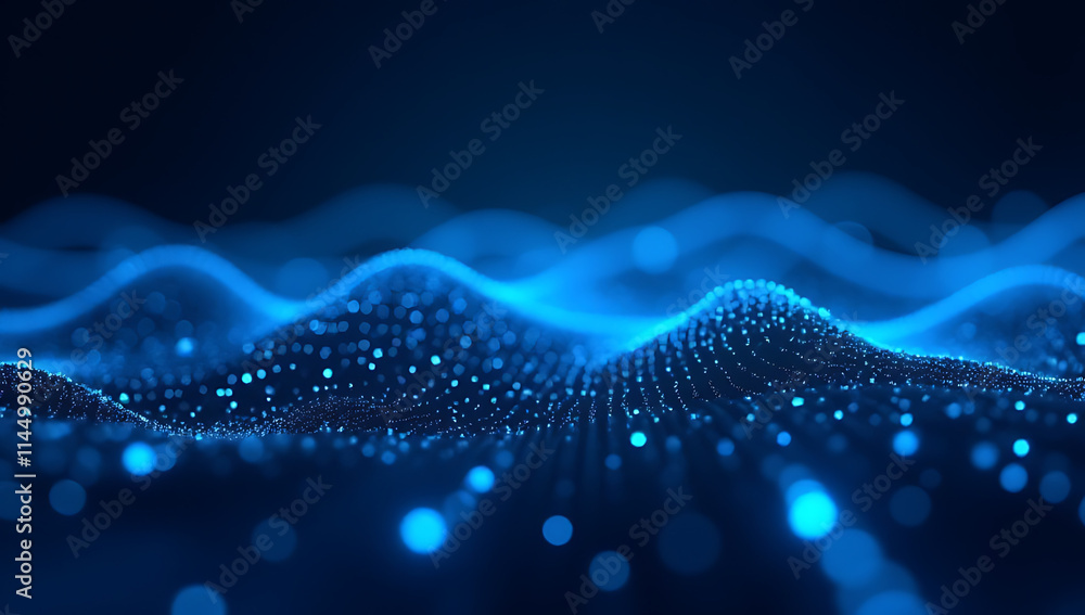 Poster data wave flow through a network of abstract lines in blue, creating a futuristic wallpaper in cyber