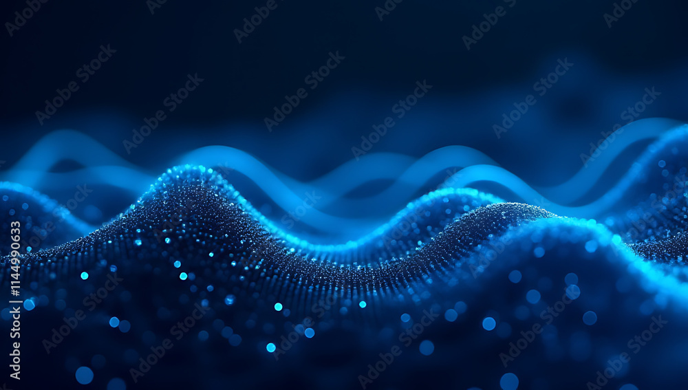 Poster data wave flow through a network of abstract lines in blue, creating a futuristic wallpaper in cyber