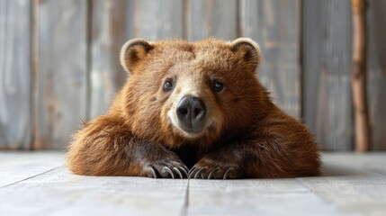 Fototapeta premium A close-up of a brown bear resting with a curious expression.