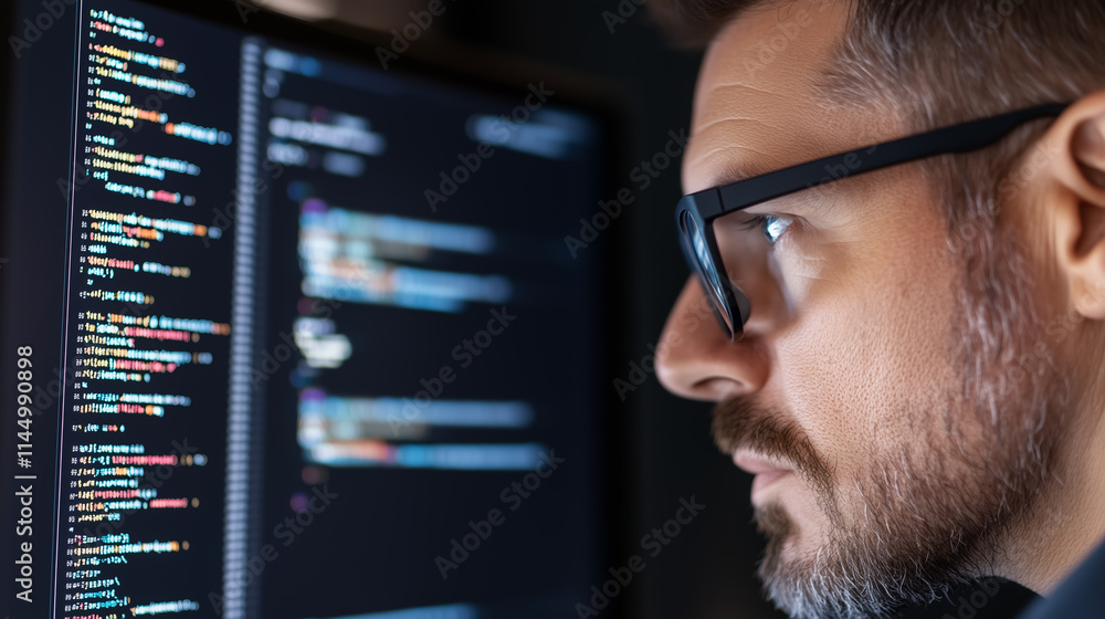 Poster focused software developer analyzes code on screen during nighttime programming session at home offi