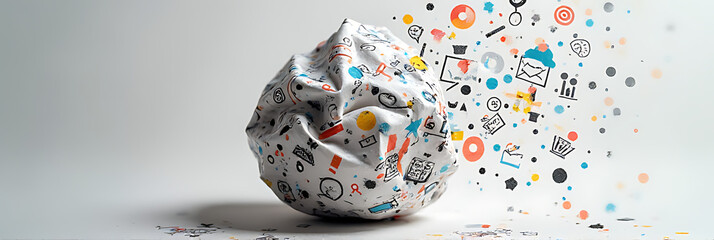  crumpled paper ball with business doodles sparks creative ideas in both professionals and students alike freely brainstorming concepts together._00001_
