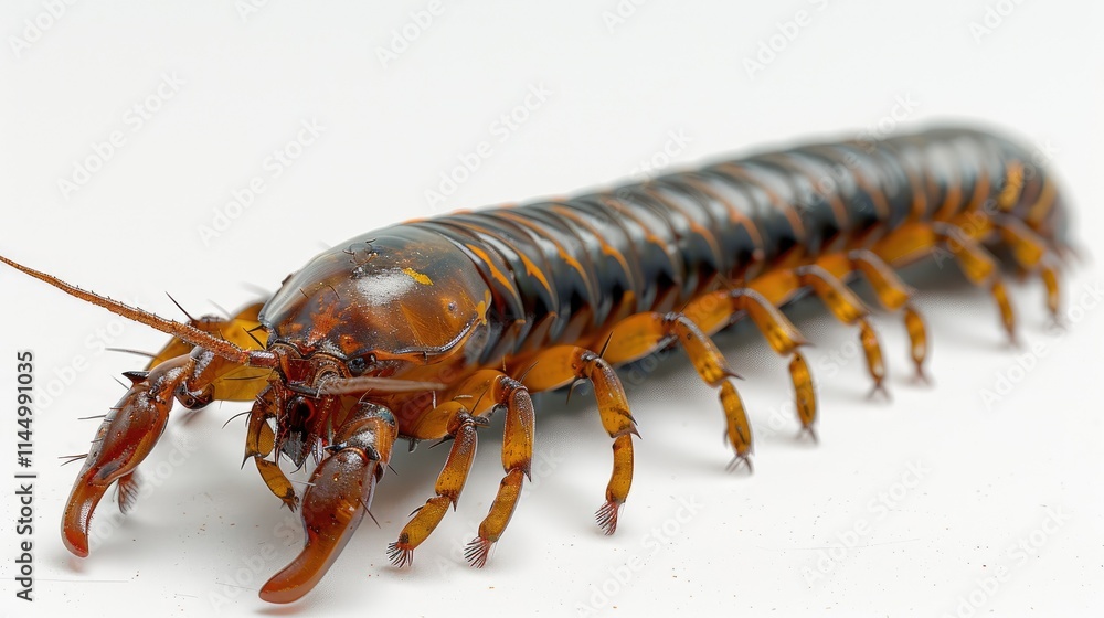 Poster a close-up of a centipede displaying its segmented body and numerous legs.