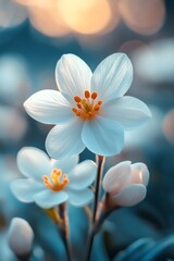 Fototapeta premium Delicate white flowers blooming in soft sunlight: spring nature background