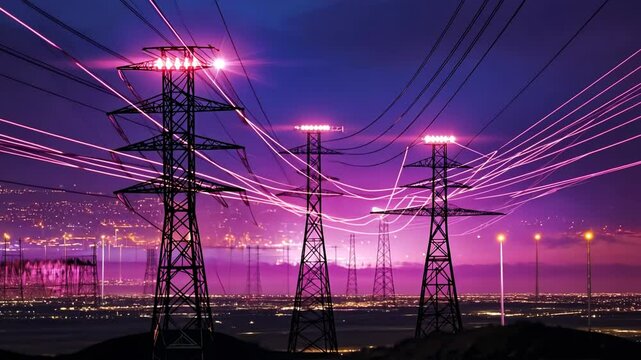 Intelligent electric grid uses AI for balancing energy, integrating eco-friendly sources. Pylons and transmission. Power lines near to major electricity substation. High voltage towers at sunset sky