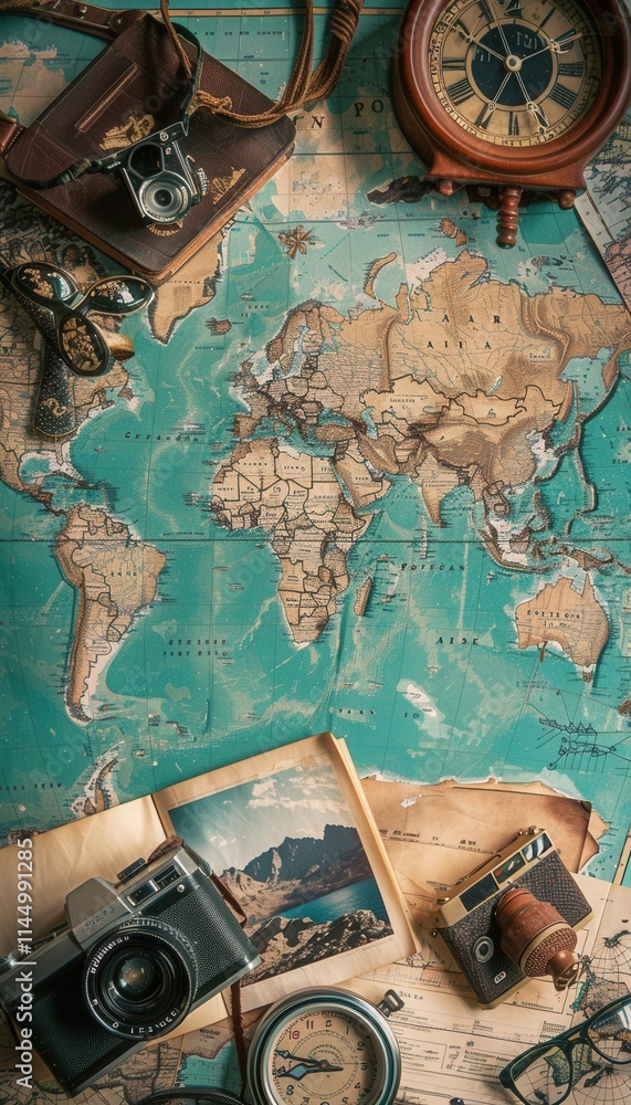 Poster travel memories captured on a world map backdrop with vintage cameras and a clock for nostalgic expl