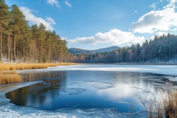 Fototapeta premium Frozen lake reflecting clouds and surrounded by snowy forest in winter