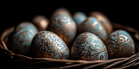 Brightly colored Easter eggs with intricate patterns in a wicker basket