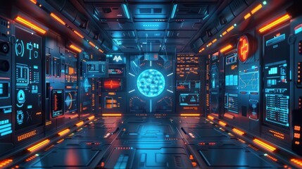 Futuristic neon lit digital control center with holographic interface illuminated data visualization screens and abstract architectural structures