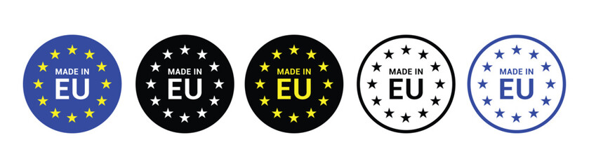 Made in EU. European union logo. Made in Europe seal logo. product of European union pictogram. EU flag icon with stars. Vector illustration.