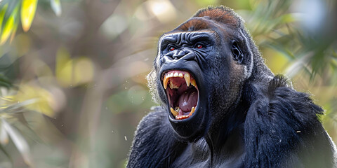 Close-up of a gorilla with its mouth open, showing teeth and fierce expression.