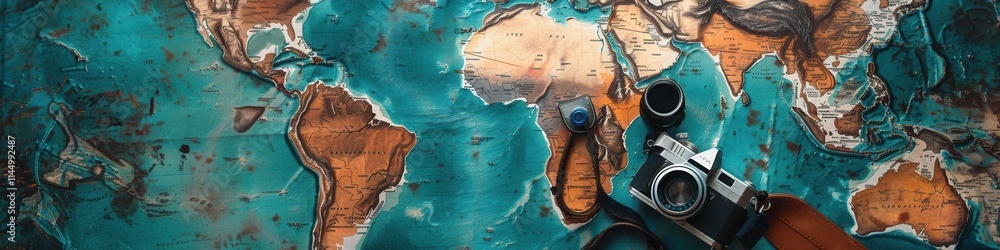 Poster explore the world with travel memories displayed on a vibrant world map backdrop. generative ai