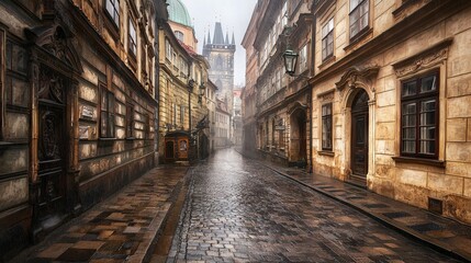 Fototapeta premium A misty cobblestone street in a historic city with old buildings and a tower.
