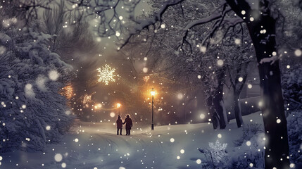 Fototapeta premium Snowy evening with people walking under streetlights.